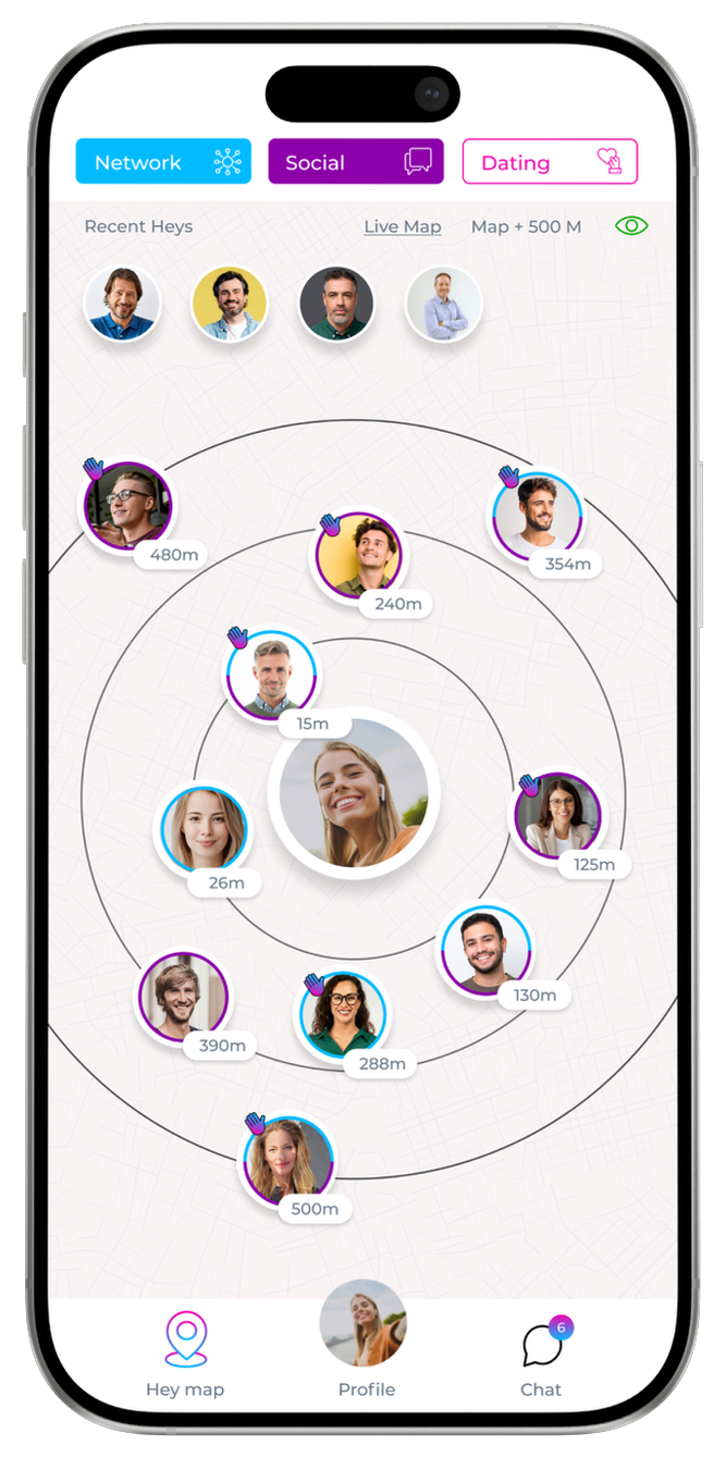 The Hey live map showing relevant people and their distance from you