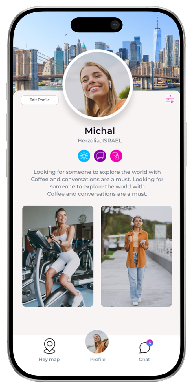 A Hey profile showing photos, interests, and active modes